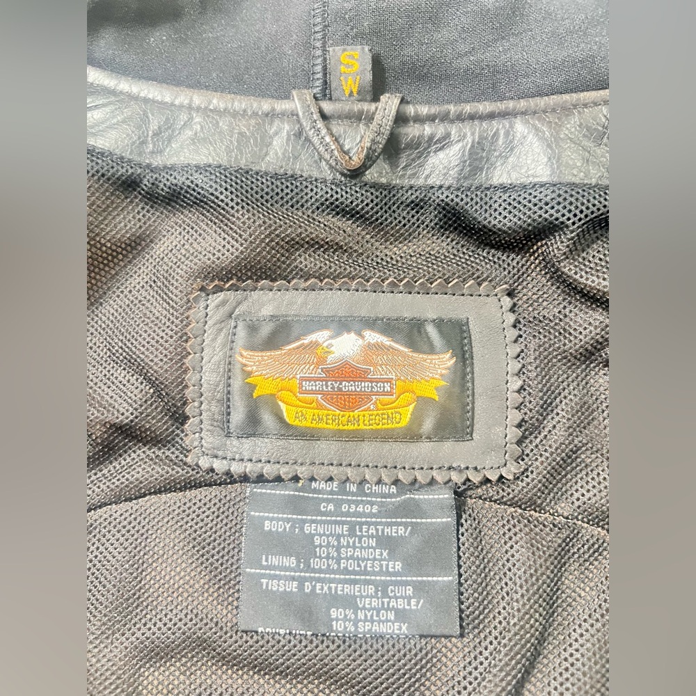 Harley-Davidson Black Leather Hoodie Vest with Colorful Patches Womens Small - Picture 9 of 10